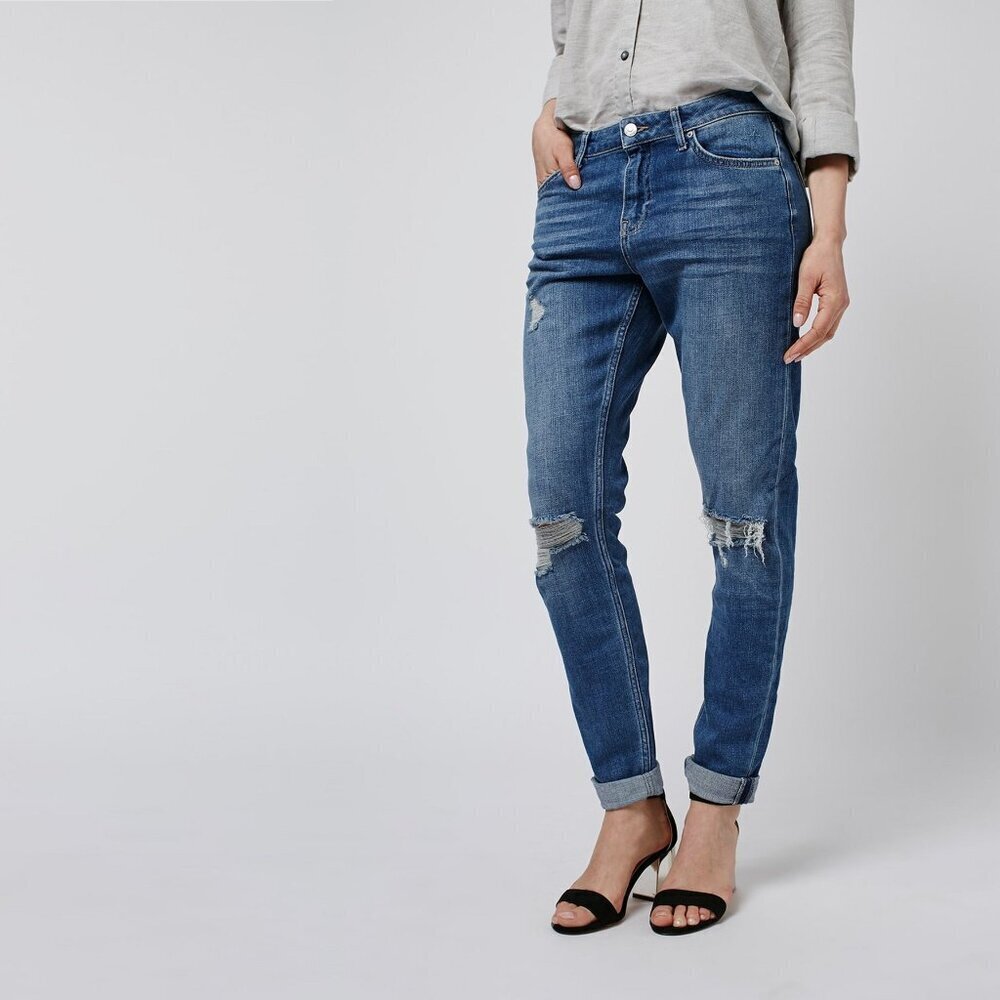 2/$30 Topshop Moto Lucas Jeans Ripped Boyfriend Mid Rise Slim Mid Blue W25 #9279